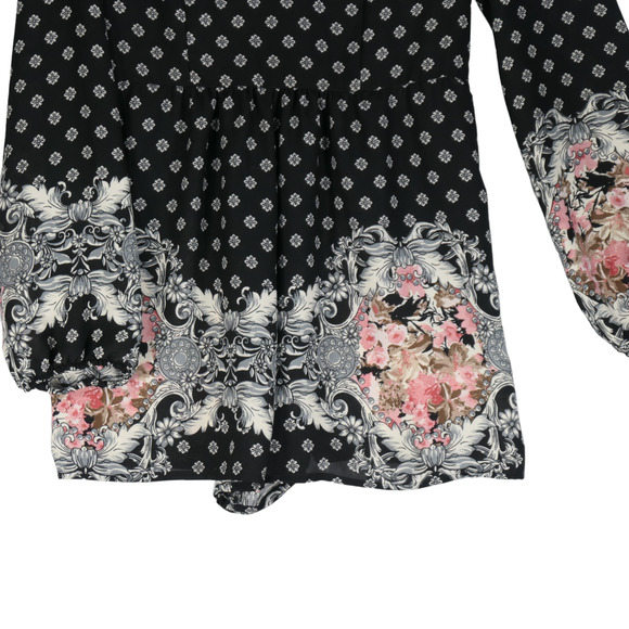 Black Floral Peasant Romper Womens Large Shorts Scalloped Long Sleeve Hippie - Picture 3 of 9